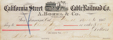 «California Street Cable Railroad Co., check 1880s»